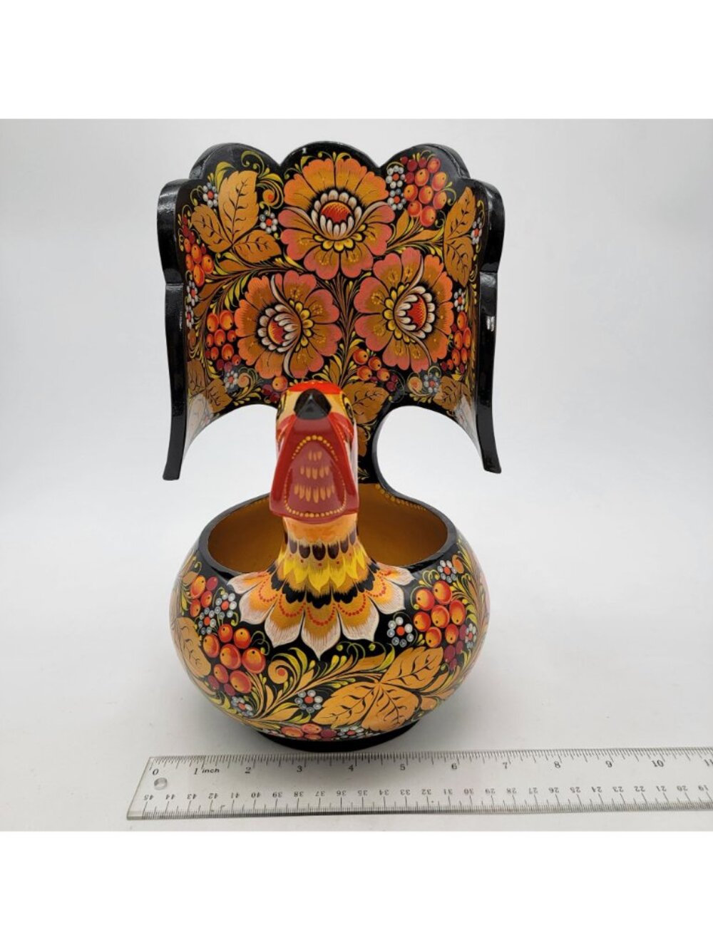 Vintage Khokhloma Folk Art Grouse Bowl Lacquerware W/ Floral Motif - Picture 8 of 8